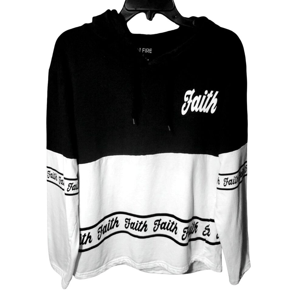 ON FIRE Black White Faith Graphic Colorblock Hoodie Sweatshirt